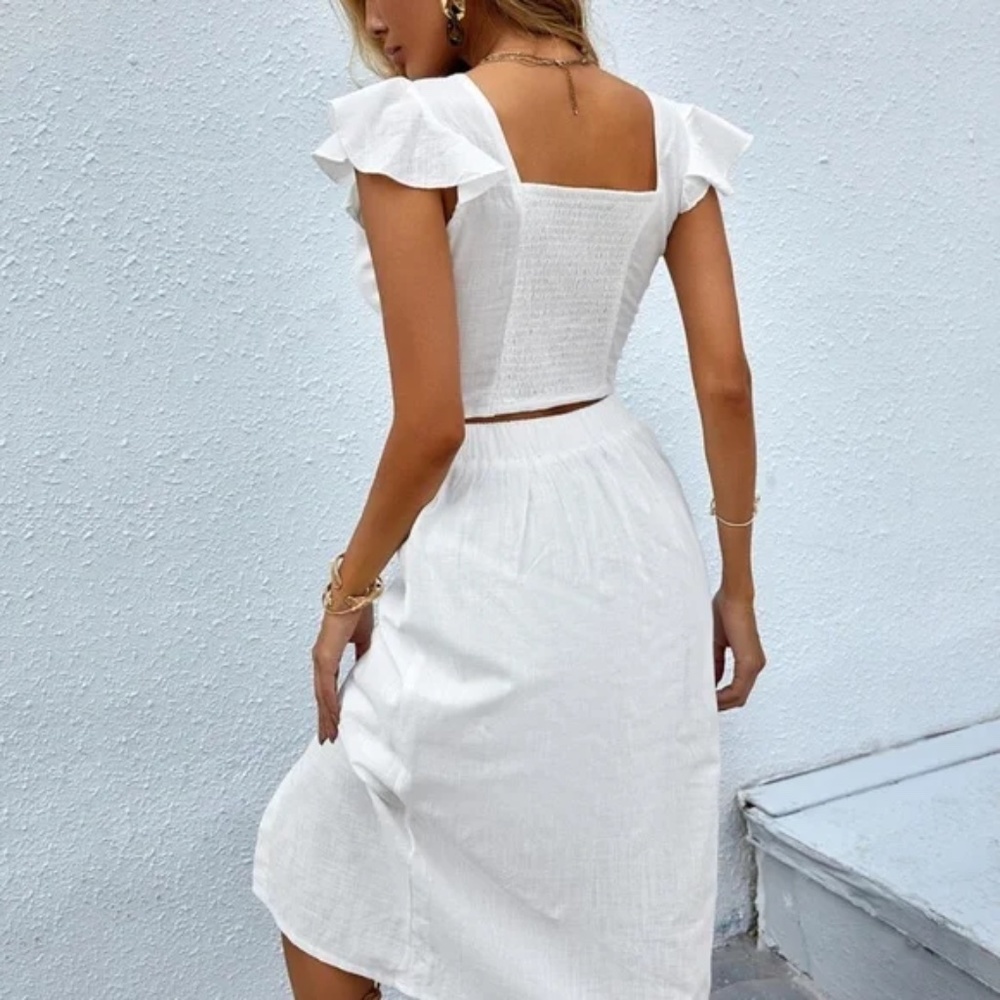 Boho White Twist Ruffle Crop Top Button Skirt Set - Picture 5 of 7